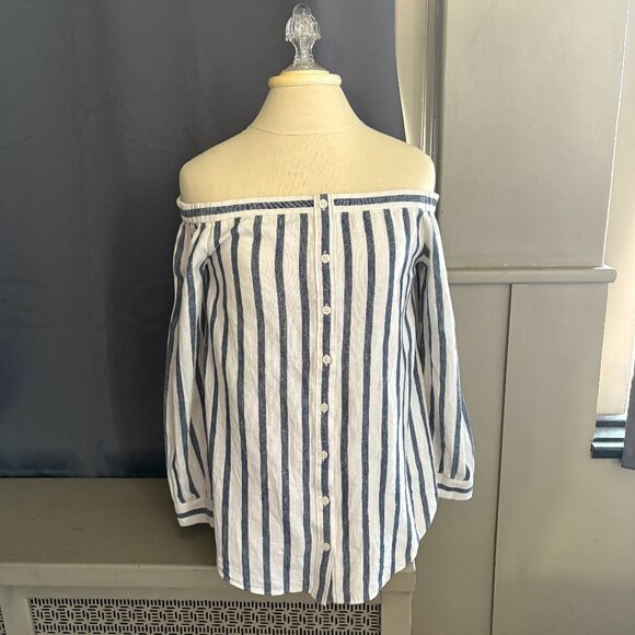 Derek Lam 10 Crosby Linen Striped Off Shoulder Top - Picture 2 of 6